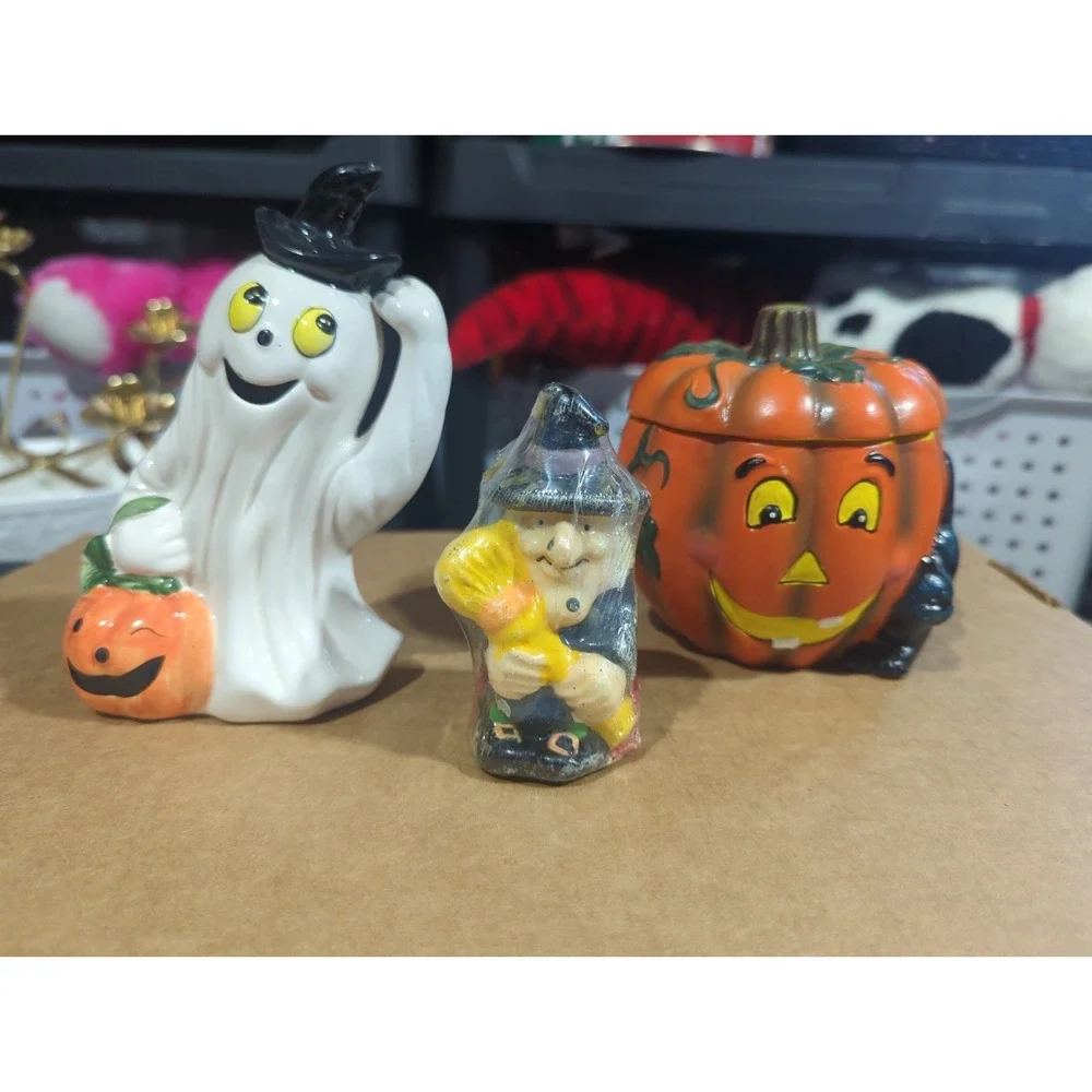 Vintage Halloween Ceramic Figurines Lot Ghost Pumpkin Jack O Lantern Witch Decor